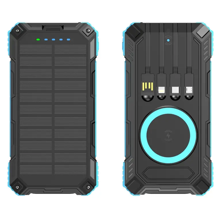 Солнечный портативный аккумулятор емкостью 20000 мАч с 4 кабелями, поддержкой быстрой зарядки 22,5 Вт PD