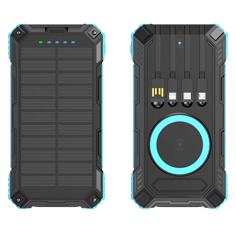 Солнечный портативный аккумулятор емкостью 20000 мАч с 4 кабелями, поддержкой быстрой зарядки 22,5 Вт PD