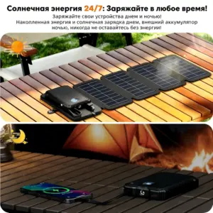 Солнечный портативный аккумулятор емкостью 5000 мАч со складными солнечными панелями