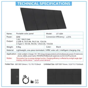 Портативная солнечная панель мощностью 60 Вт с выходом постоянного тока