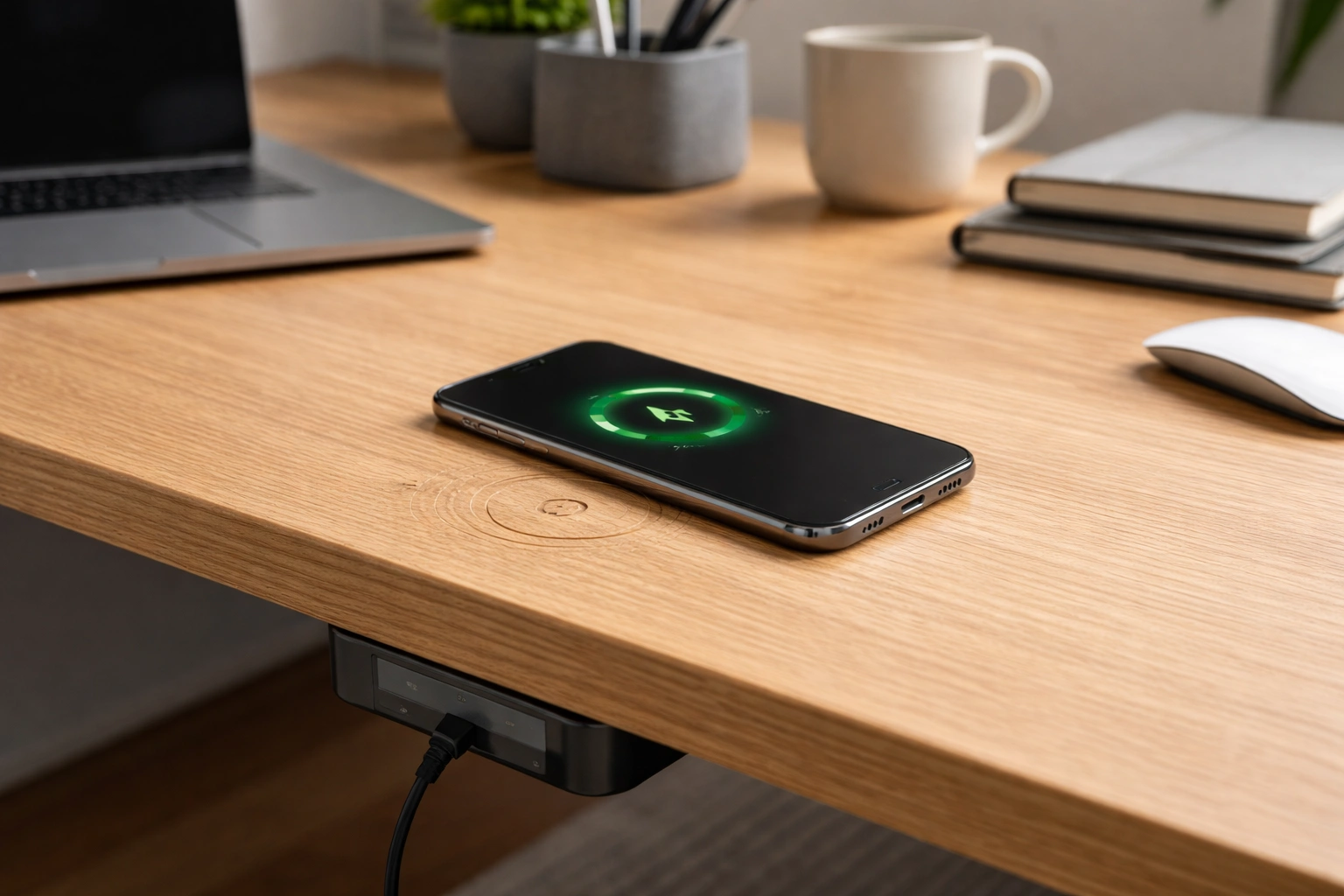 встраиваемая беспроводная зарядка в стол мебель